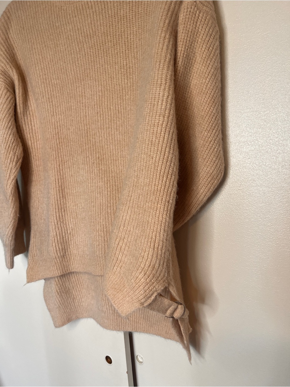Soft Ribbed Scoop-Neck Sweater in Beige with Side Buckles